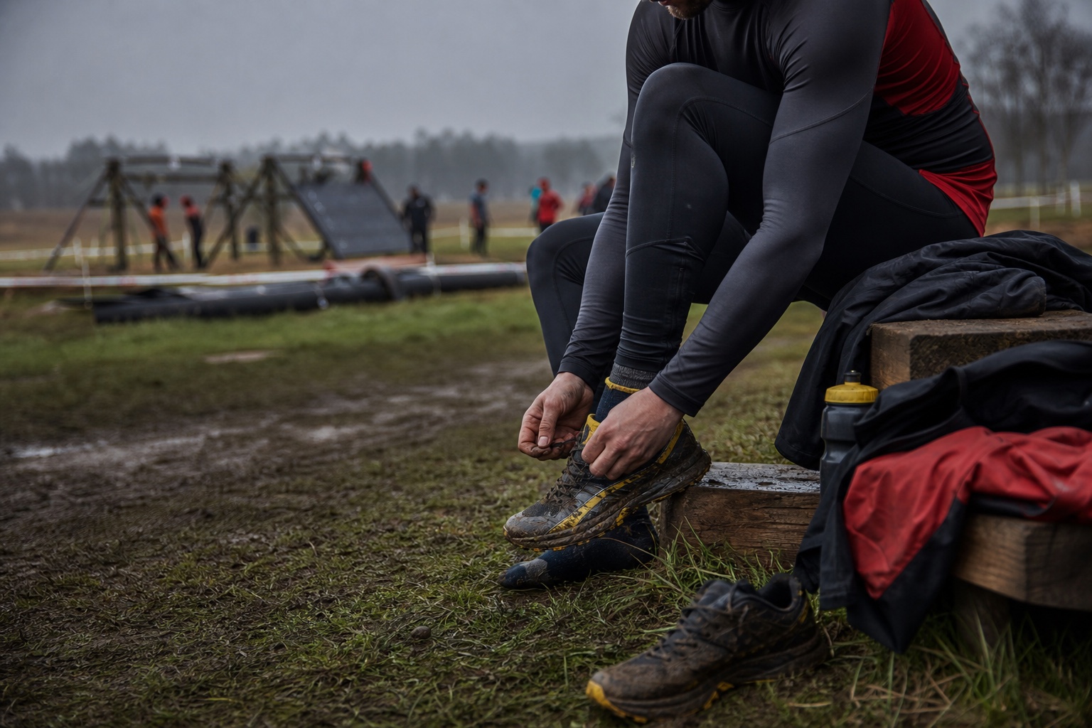 OCR-Athlet schnürt einen Trailschuh
