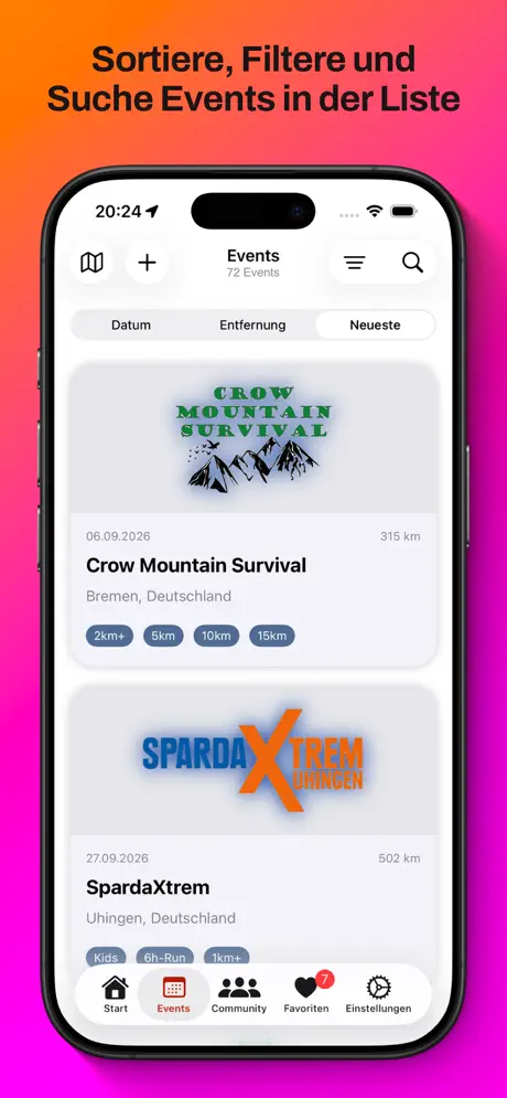 Eventsuche und Filter in der OCR Germany App